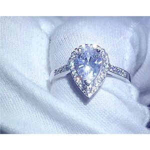 NEW 3Ct Women's Rhodium‎ .925 Pear Halo Teardrop Engagement Ring, Size 6